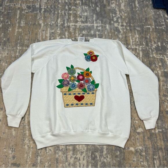 Vintage Hanes Appliqué Grandma Flower Basket Crewneck Sweatshirt Large 1990 L - Picture 1 of 7